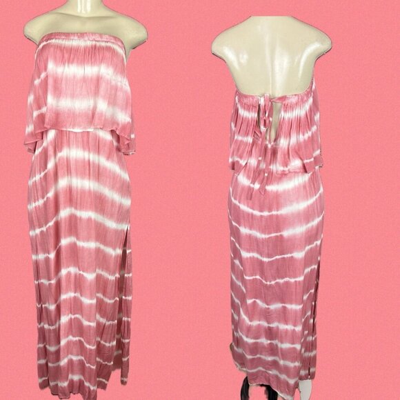 Boho Me S Pink-White Tie-Dye Front Popover Bandeau Bodice Strapless Maxi Dress - Picture 1 of 6